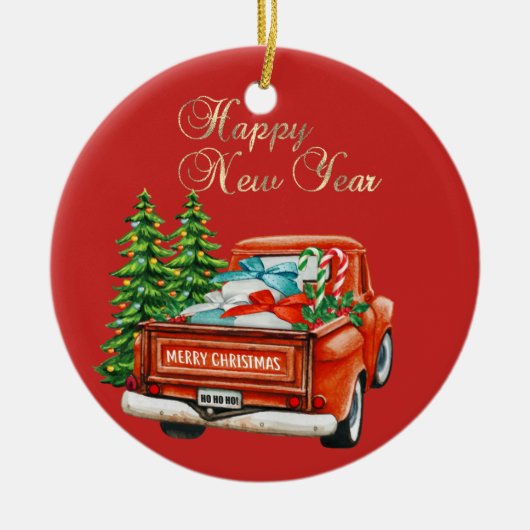 Rode Truck Dennengehakt Kerstmis Keramisch Ornament (Voorkant)