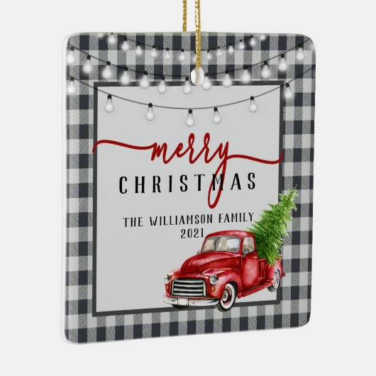  rode truck en boom vrolijke familienaam keramisch ornament (Rechts)