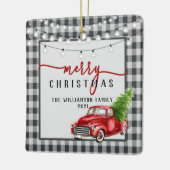  rode truck en boom vrolijke familienaam keramisch ornament (Links)