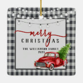  rode truck en boom vrolijke familienaam keramisch ornament (Achterkant)