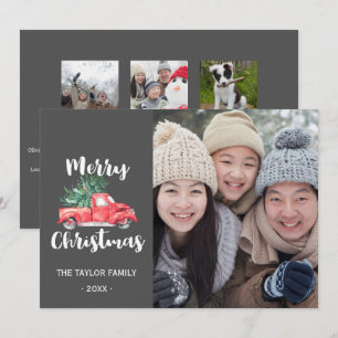 Rode truck en boomjaar in Review kerstfoto Feestdagenkaart