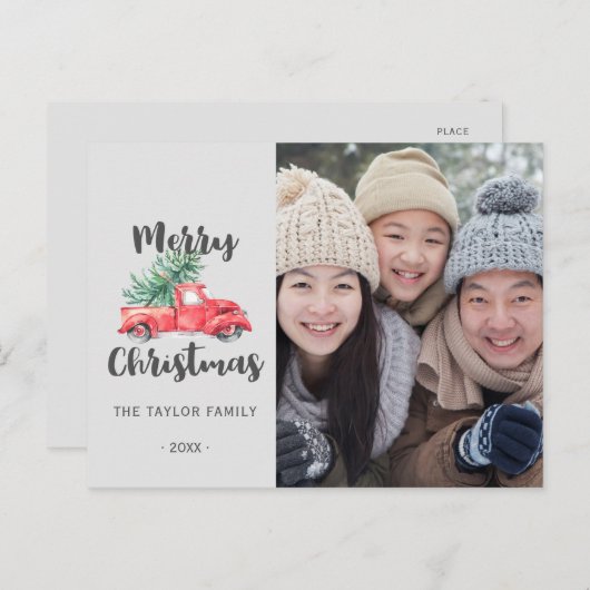 Rode Truck en Kerstboom Foto Feestdagenkaart (Voorkant / Achterkant)