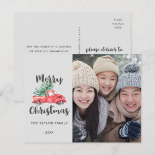 Rode Truck en Kerstboom Kerst Foto Feestdagenkaart