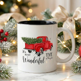Rode Truck Kerst Waterverf Boom En Elegant Tweekleurige Koffiemok