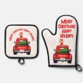 Rode  Truck met Elf Vrolijk Kerstfeest| Ovenwant & Pannenlap Set (Voorkant)