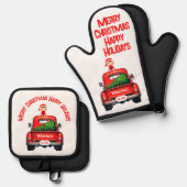 Rode  Truck met Elf Vrolijk Kerstfeest| Ovenwant & Pannenlap Set (Voorkant / Achterkant)