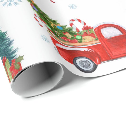 Rode  truck met kerstbomen Ornamenten Cadeaupapier (Rol Hoek)