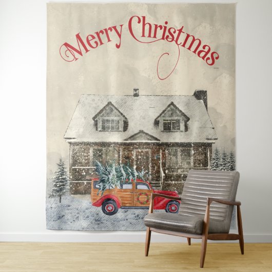 Rode truck met kerstboom in de winter wandkleed (In situ)