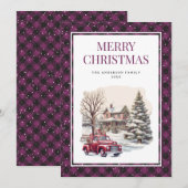Rode truck Paarse Buffalo Plaid Vrolijk kerstfeest Feestdagenkaart (Voorkant / Achterkant)