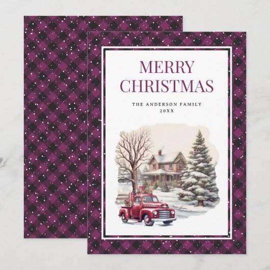 Rode truck Paarse Buffalo Plaid Vrolijk kerstfeest Feestdagenkaart (Voorkant / Achterkant)