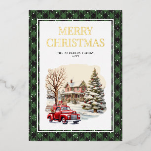 Rode Truck Prettig Kerstfeest Groen Buffalo Plaid  Folie Feestdagenkaart