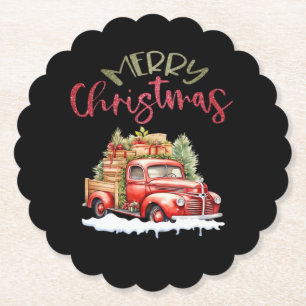 Rode Truck Prettige Kerstboom Kerstman Schattig Vi Kartonnen Onderzetters