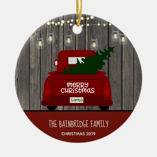  RODE TRUCK TREE & MASON JAR STRING LIGHTS KERAMISCH ORNAMENT (Voorkant)