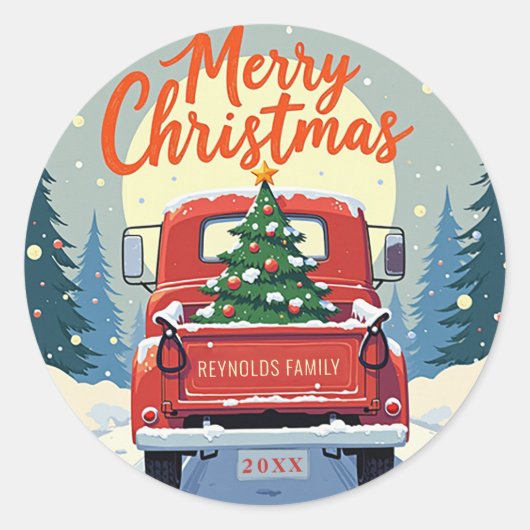 Rode Truck Vrolijke Kerst Ronde Sticker (Voorkant)