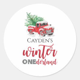 Rode Truck Winter Onederland Eerste Verjaardag Fav Ronde Sticker