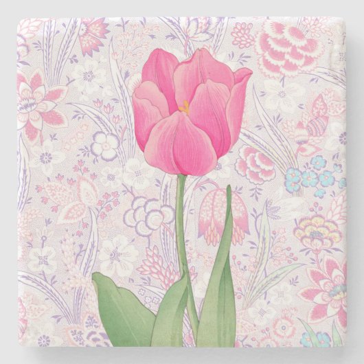 Rode Tulp Bloem Onderzetter in Vintage Stijl (Voorkant)
