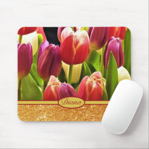 Rode Tulp Bloemen Gouden Sparkles Bloemen Naam Muismat