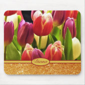 Rode Tulp Bloemen Gouden Sparkles Bloemen Naam Muismat (Voorkant)