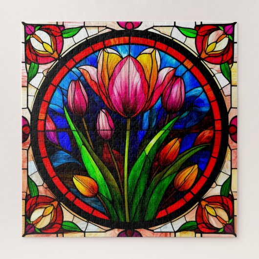 Rode tulp en kleurrijke bloemmotieven legpuzzel (Verticaal)