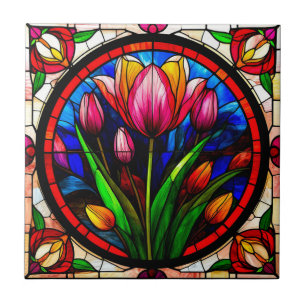 Rode Tulp en Kleurrijke Bloemmotieven Tegeltje