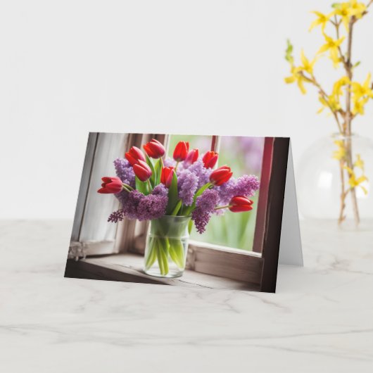 Rode Tulp- en Seringboeket voor Verjaardag Kaart (Gele Bloem)