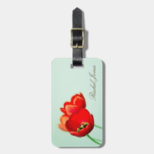 Rode tulp florale mint groene bokeh stijl persoonl bagagelabel (Voorkant verticaal)