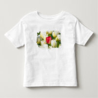 Rode tulp in een veld met witte tulpen