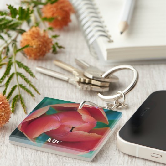 Rode Tulp Macro Foto Persoonlijke Acryl Sleutelhan Sleutelhanger (Voorkant Rechts)