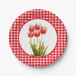 Rode tulp met gingham papieren bordje