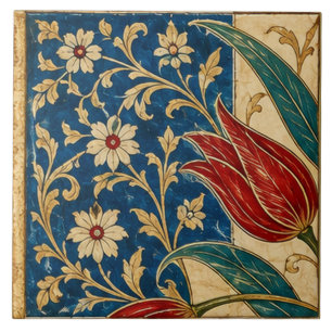 Rode Tulp op Kobaltblauwe Bloemkunst   Tegeltje