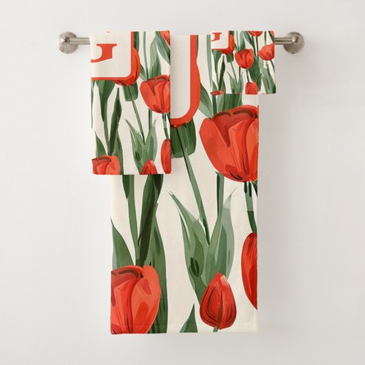 Rode tulp veld patroon gepersonaliseerd monogram bad handdoek (Insitu)