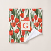 Rode tulp veld patroon gepersonaliseerd monogram bad handdoek (Wasdoekje)