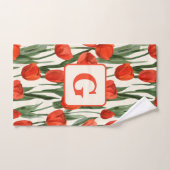 Rode tulp veld patroon gepersonaliseerd monogram bad handdoek (Handdoek)