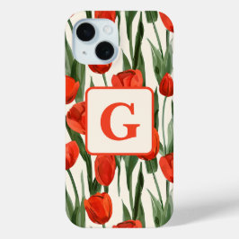 Rode tulp veld patroon gepersonaliseerd monogram iPhone 15 case