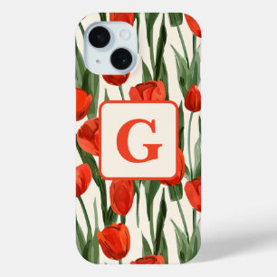 Rode tulp veld patroon gepersonaliseerd monogram iPhone 15 case