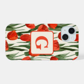 Rode tulp veld patroon gepersonaliseerd monogram  iPhone 15 case (Achterkant horizontaal)