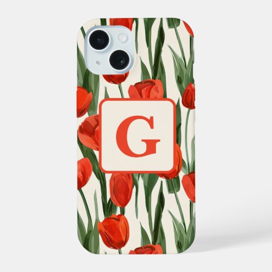 Rode tulp veld patroon gepersonaliseerd monogram  iPhone 15 case (Achterkant)