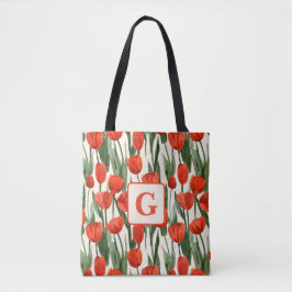 Rode tulp veld patroon gepersonaliseerd monogram tote bag