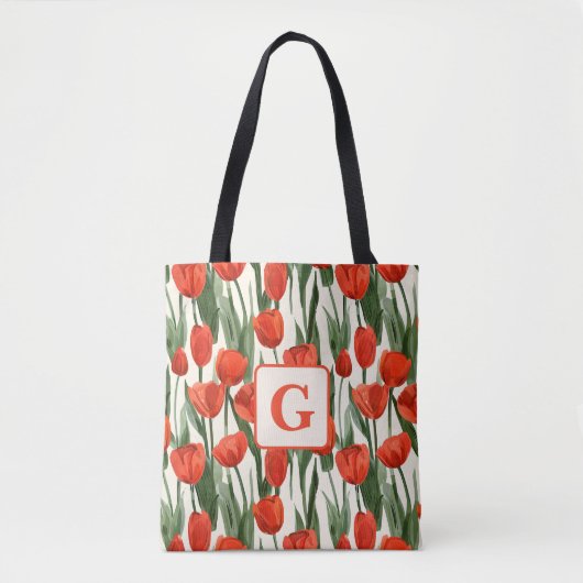 Rode tulp veld patroon gepersonaliseerd monogram tote bag (Voorkant)
