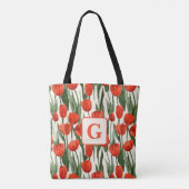 Rode tulp veld patroon gepersonaliseerd monogram tote bag (Achterkant)