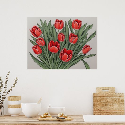 Rode Tulp Waterverf Bloemen Poster (Keuken)