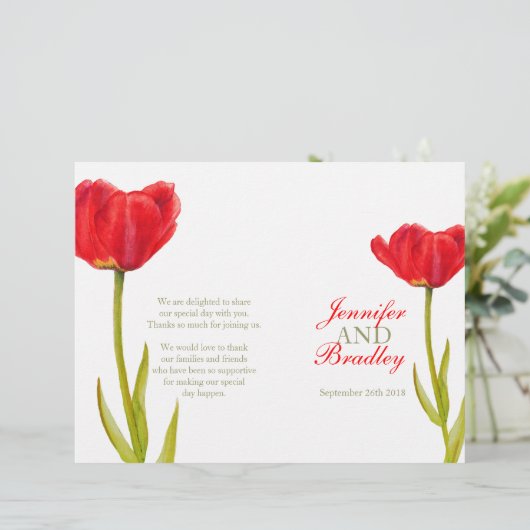 Rode tulp waterverf kunst groot trouwprogramma (Staand voorkant)