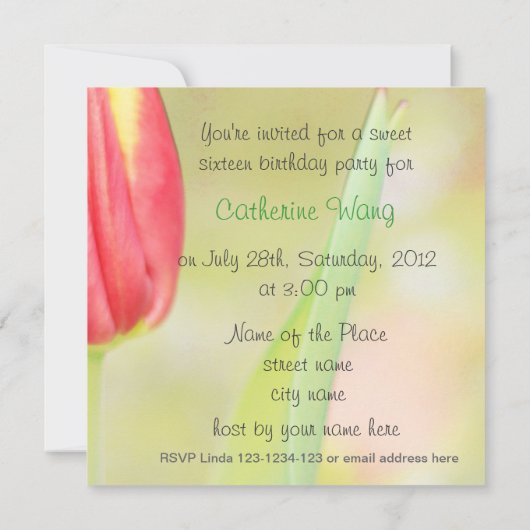 rode tulp zoete zestienjarige uitnodiging (Achterkant)