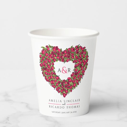 Rode tulpbloem, bouquet, kunstmonogram bruiloft papieren bekers (Achterkant)