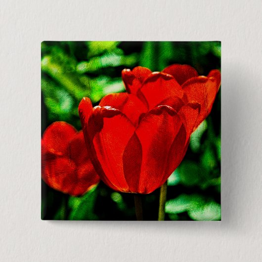 Rode tulpbloemen vierkante button 5,1 cm (Voorkant)