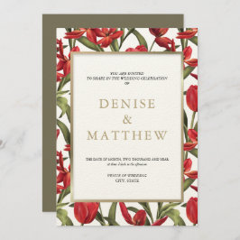 Rode tulpen Aquarel bloemen met gouden letters Kaart