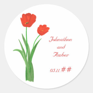 rode tulpen, bruiloft Bespaar de datumstickers Ronde Sticker