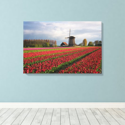 Rode tulpen en een windmolen canvas afdruk (Insitu (Houten vloer))