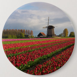 Rode tulpen en een windmolen ronde button 6,0 cm