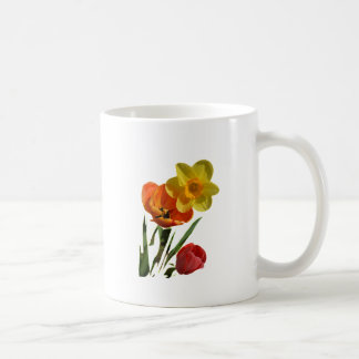 Rode tulpen en gele narcis bloemen koffiemok